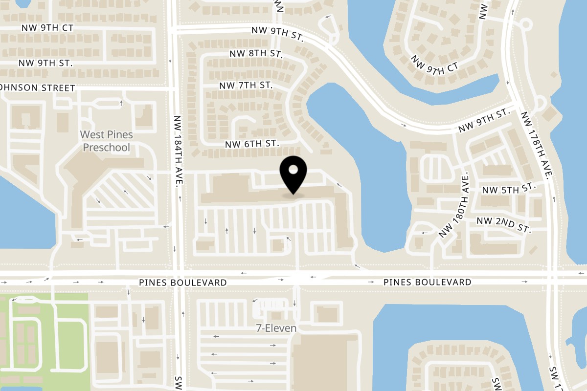 Map showing the location of West - 365 Thai & Sushi on 18265 Pines Blvd in Pembroke Pines